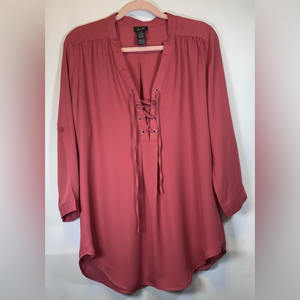 Justify Youth Plus 1X Dust Pink 3/4 Sleeve Tie Front Blouse